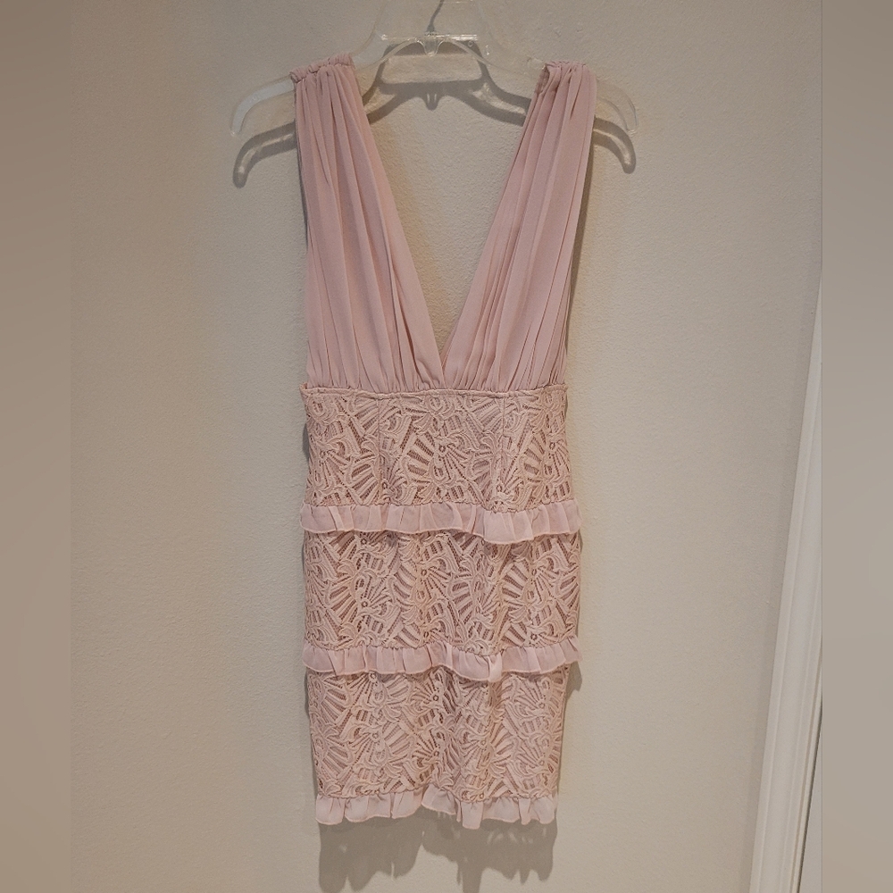Pink Lace Sleeveless Deep V Dress